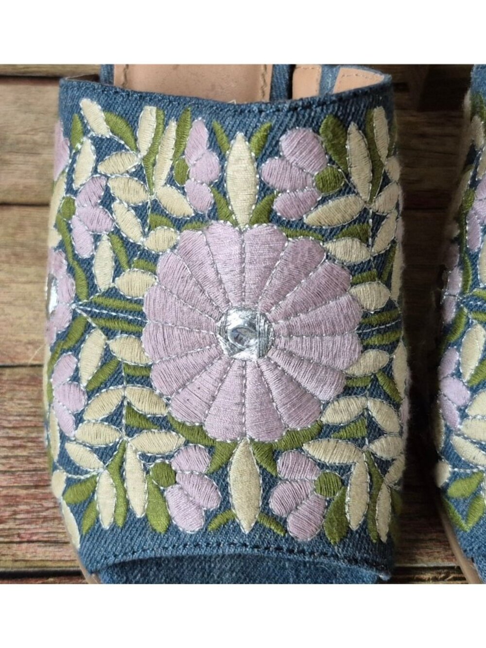 Dolce Mojo Moxy Womens 10M Blue Denim Floral Embroidered Block Heel Sandals - Picture 4 of 14